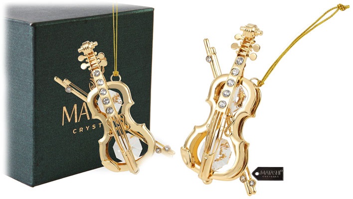 Matashi 24K Gold Plated Highly Polished Violin Ornament with Crystals